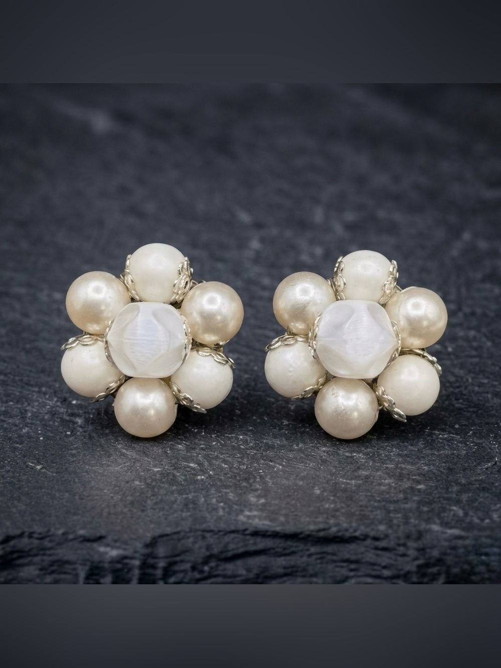 Vintage 50s Japan White Hammered Matte Shiny Faux Pearl Cluster Clip On Earrings